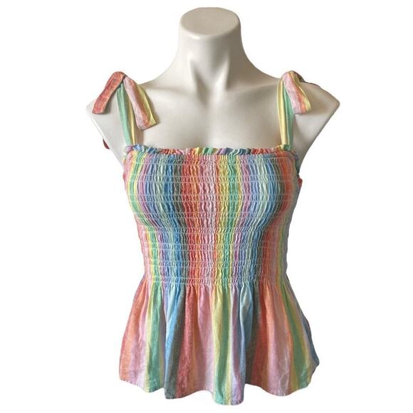 GAP Women’s Linen-Blend Tie-Shoulder Peplum Top Multicolor Stripe Tank Sz Med - Picture 2 of 8